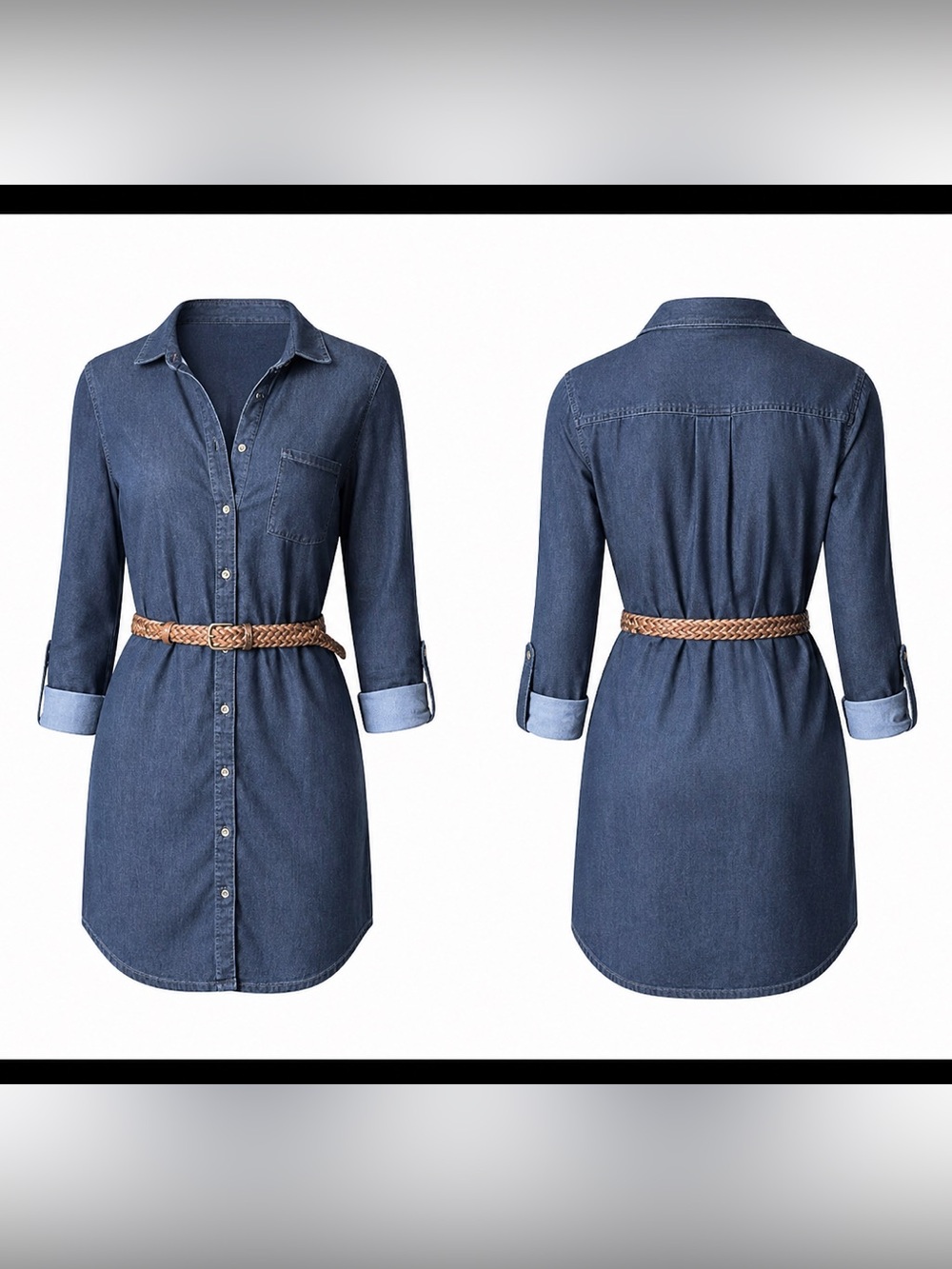 Passport Denim Shirt Dress with Braided Belt - Blue & Tan